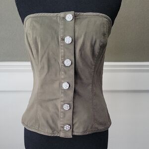 White House Black Market Olive Strapless  Top with Rhinestone Buttons